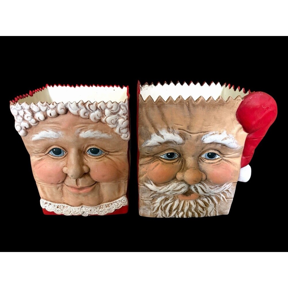 Vtg Santa & Mrs. Claus Face Hand painted Scioto Ceramic Gift Bags Set Of 2